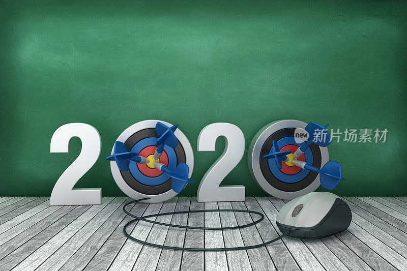 2020与目标和电脑鼠标在黑板背景- 3D渲染